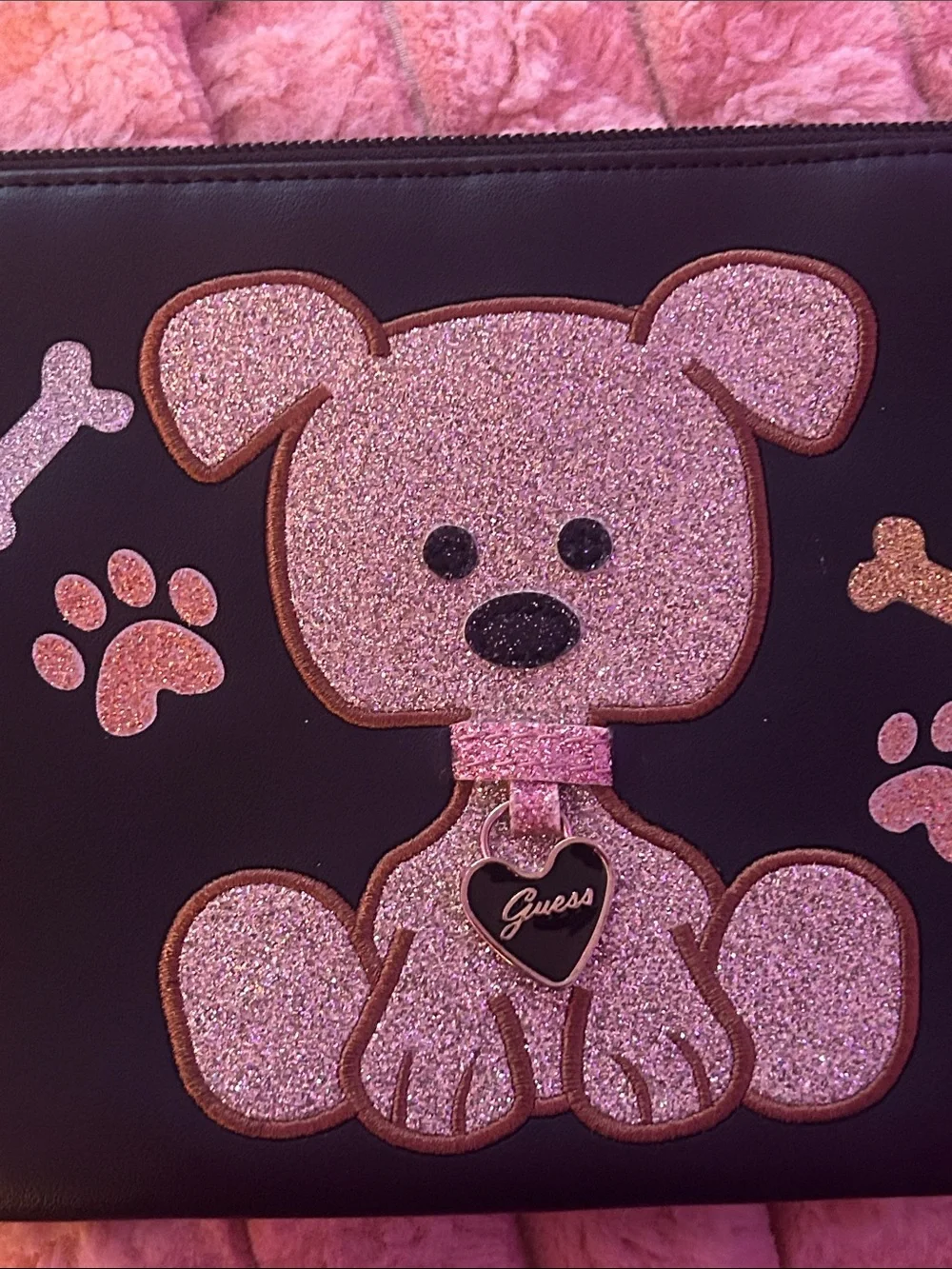 Guess Black Wristlet Clutch with Glitter Dog Applique and Pink Accents